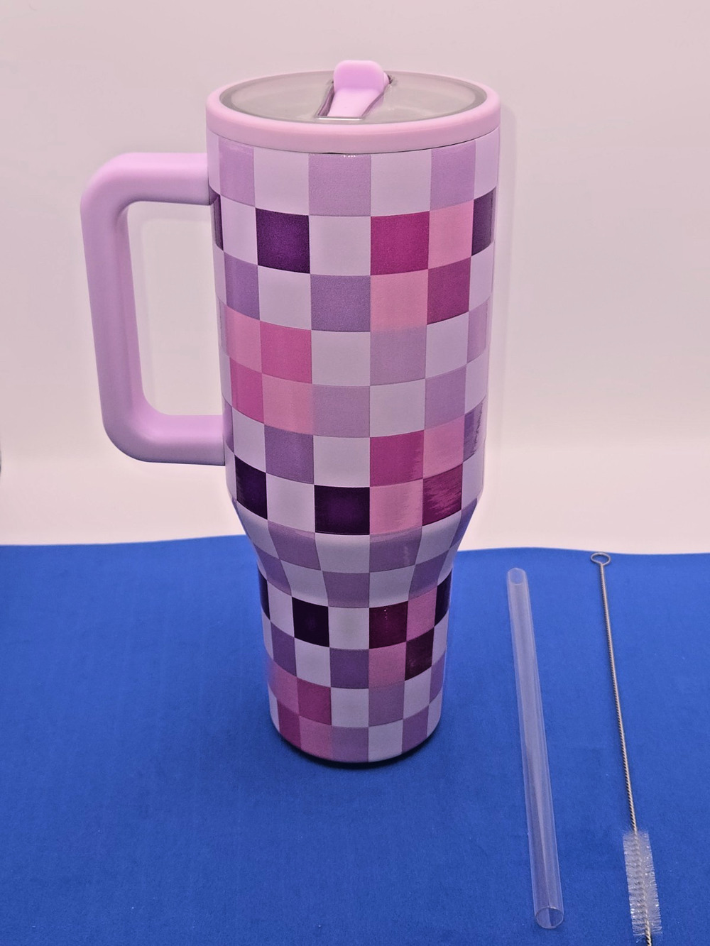 40oz Insulated Tumbler w/ Handle & Lid – Pink Purple Checkered – Straw & Cleaner